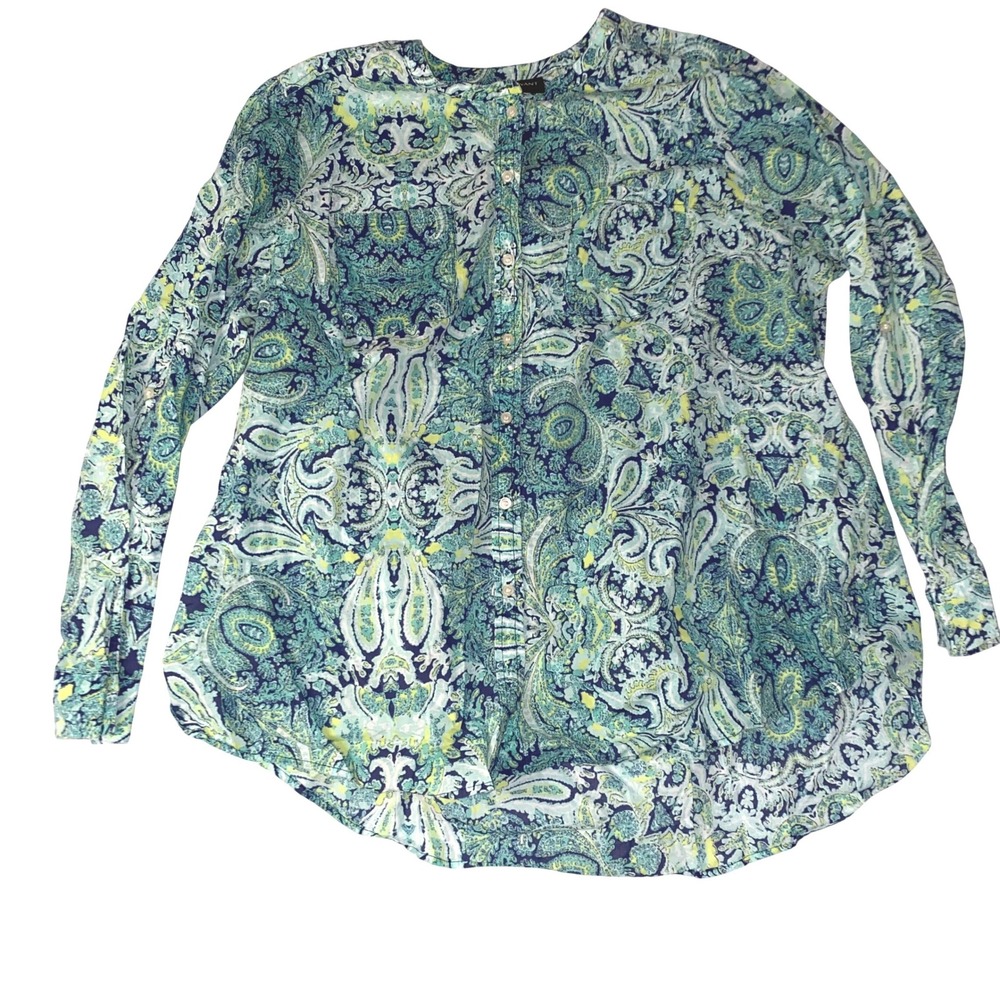 Lane Bryant Teal Blue‎ Paisley Button Down Tunic Top Plus Size 18/20 Long Sleeve